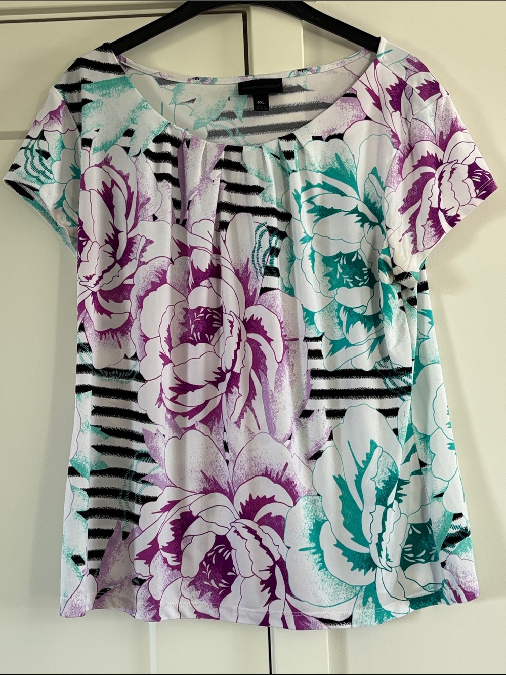 Worthington Purple & Teal Floral Short Sleeve Top